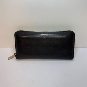 FOSSIL Sydney Zip Around Black Wallet Leather Gold Detail Designer